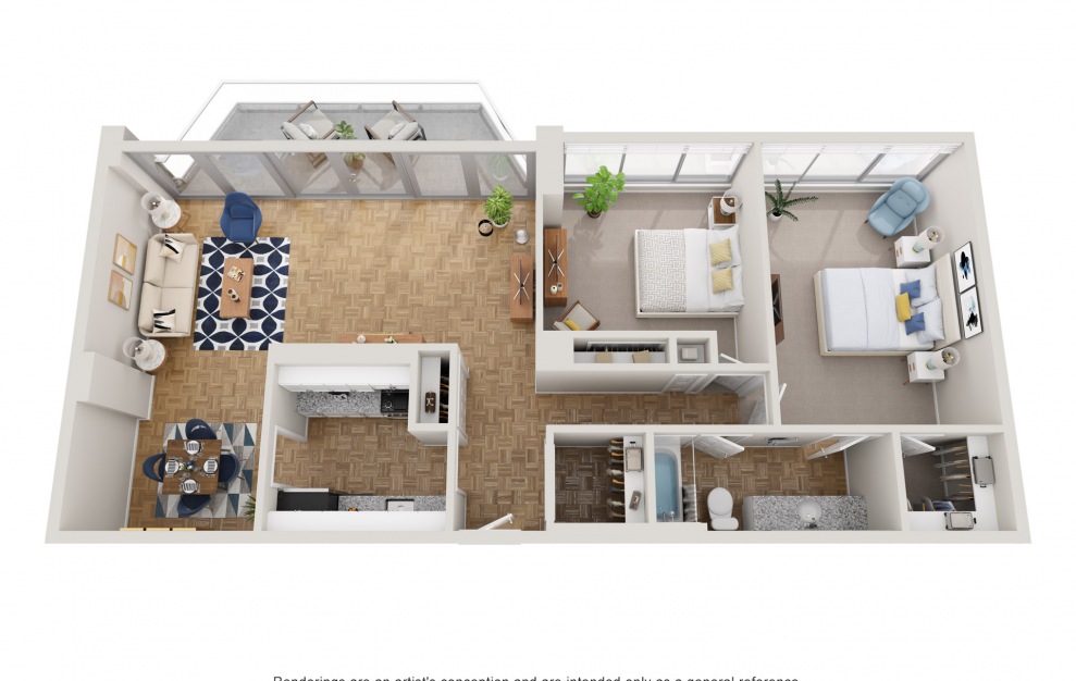 Terrace - 2 bedroom floorplan layout with 1 bath and 1056 square feet.